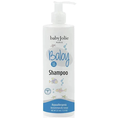 Baby Jolie Tear Free Baby Shampoo 7.5 oz bottle, featuring a pump top and colorful fish illustrations, hypoallergenic label.