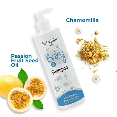 Tear-free Baby Jolie shampoo bottle with passion fruit and chamomile, highlighting its hypoallergenic formula.