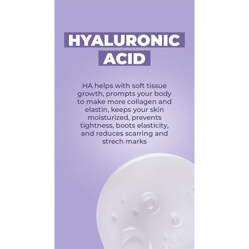 Hyaluronic Acid benefits for skin, detailing moisture retention and stretch mark reduction, on a purple background.