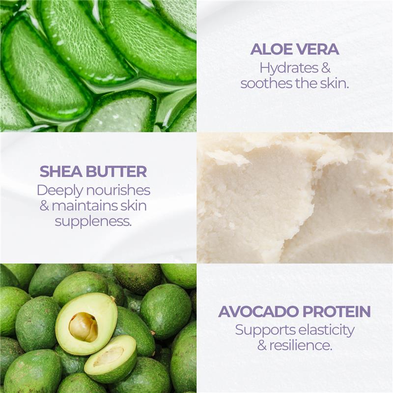 Collage showcasing key ingredients of Baby Jolie Mom Care Stretch Marks: aloe vera, shea butter, and avocado protein with their benefits.