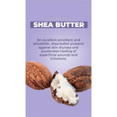 Shea butter nuts with an open nut showing the creamy interior, on a purple background with text about its benefits for skin health.