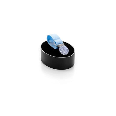 Bling Crystal Pacifier Holder in ocean blue with a sparkling crystal attachment, displayed on a black circular base.