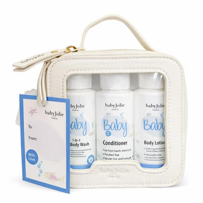 Baby Jolie Travel Kit containing 2-in-1 hair and body wash, conditioner, and body lotion in a white zippered case.