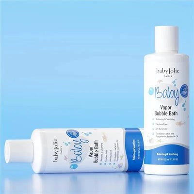 Baby Jolie Vapor Bubble Bath 7.5 Oz bottles displayed against a light blue background, highlighting its relaxing and soothing properties.