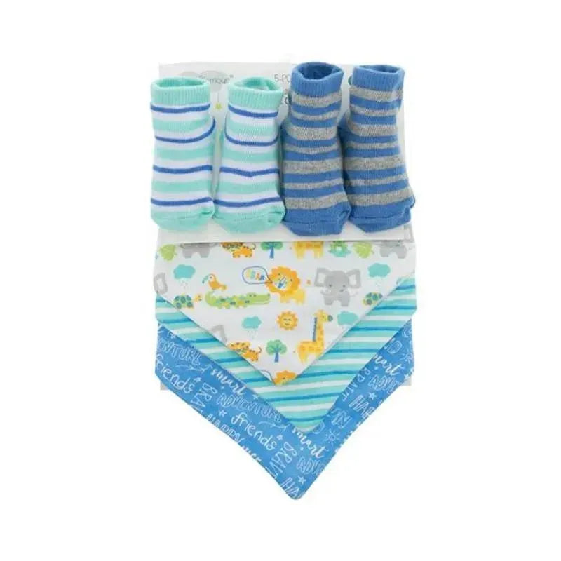 Baby King - 2Pk Baby Boy Bootie & 3Pk Bandana Bib Safari Animals, Blue Image 1