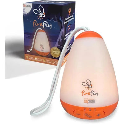 Baby Shusher Firefly night light is an orange and white lamp with sound controls, designed for soothing infants.