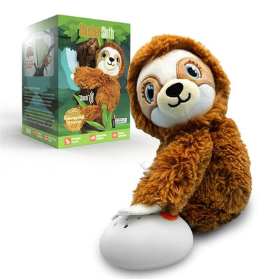 Plush sloth toy from Baby Shusher with a white noise emitter, promoting sleep for babies, next to its colorful packaging.