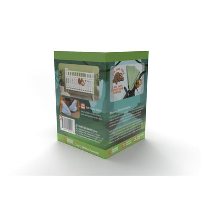 Shusher Sloth product box showcasing a sloth design, features soft touch Velcro, and instructions for parents.