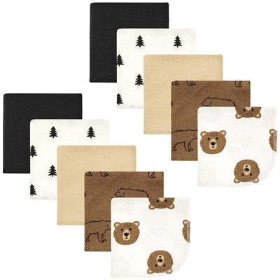 Flannel washcloth set featuring 10 pieces in various colors and patterns, including brown bears and forest trees.