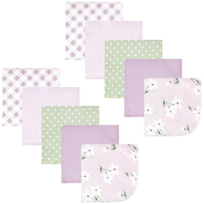 Set of 10 flannel washcloths in purple and green, featuring floral and polka dot patterns, ideal for baby care.
