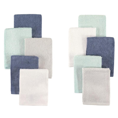 Ten-pack of Baby Vision rayon from bamboo washcloths in denim and mint colors, stacked neatly for display.