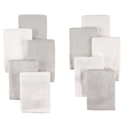 Ten bamboo rayon washcloths in gray and white, featuring plush texture, ideal for baby care.