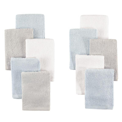 Ten-pack of Baby Vision washcloths in light blue, light gray, and white, made from bamboo rayon, arranged neatly.
