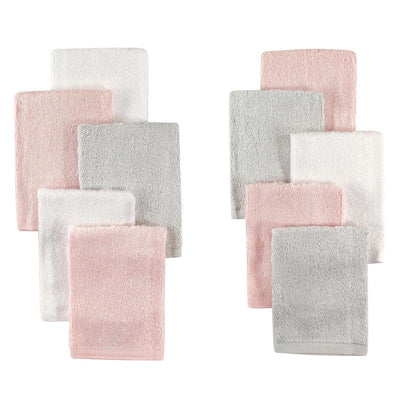 Set of ten baby washcloths in light pink and gray, made from bamboo rayon, soft texture, includes five of each color.