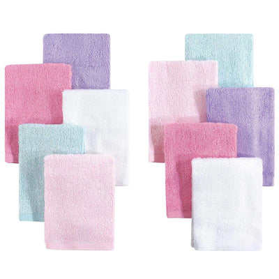 Ten bamboo washcloths in pink, lilac, white, and mint colors, stacked in two groups for baby care.