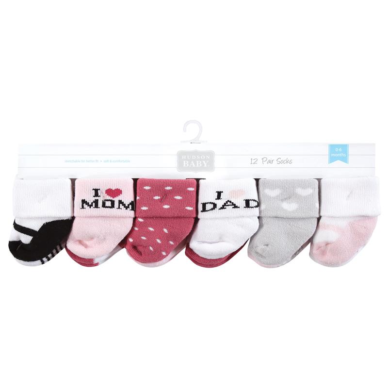 Baby Vision 12Pk Terry Socks Mom & Dad Girl Pink/Black Image 2
