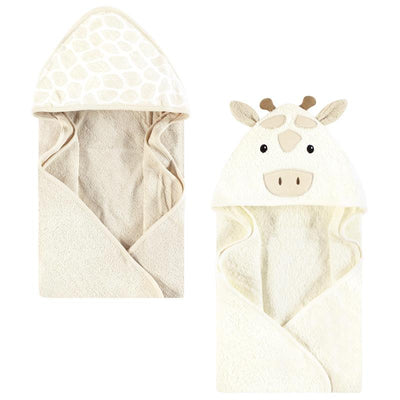 Two beige hooded towels designed for babies, featuring a giraffe patterned hood and a cute giraffe face design.