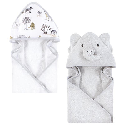 Two hooded towels for babies, one featuring a safari animal print and the other designed with an elephant motif.