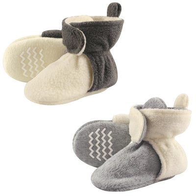 Two-pack of Baby Vision fleece-lined scooties in cream and gray, featuring a soft texture and rubberized soles.