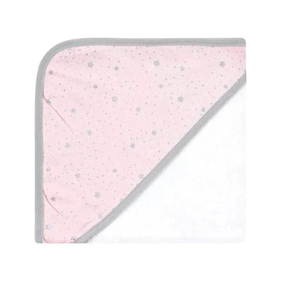 Cotton-rich hooded towel with a pink unicorn design, featuring silver stars and a white terry cloth underside.