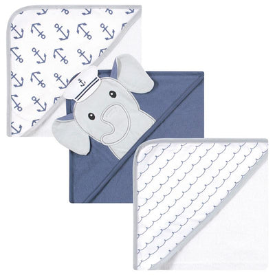 Baby Vision 3Pk Hudson Baby unisex cotton-rich hooded towels featuring a sailor elephant design and nautical patterns.