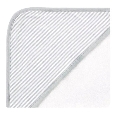 Gray woodland hooded towel featuring a striped design, made from organic cotton for babies.