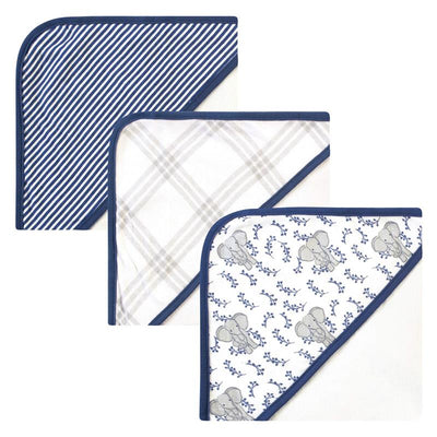 Three organic cotton hooded towels featuring blue elephant designs, stripes, and plaids for babies.