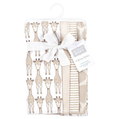 Four-pack of cotton flannel burp cloths featuring giraffe patterns and a neutral color palette, tied with a ribbon.