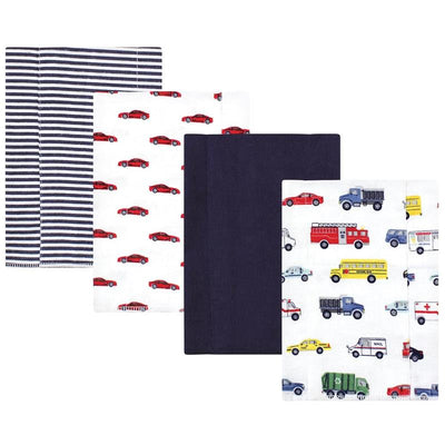 Flannel burp cloth set featuring four designs: striped, red cars, solid navy, and vehicles in various colors.