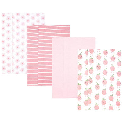 Four flannel burp cloths in a Baby Vision set featuring patterns of pink flowers, stripes, solid pink, and strawberries.