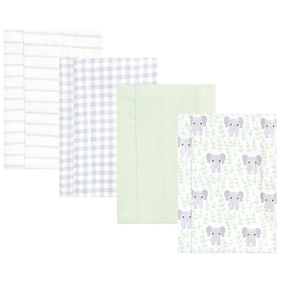 Four flannel burp cloths in soft colors: striped green, gray checkered, solid mint, and a playful elephant print.