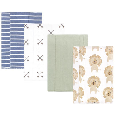 Four baby flannel burp cloths featuring modern designs: blue stripes, arrows, solid green, and playful lions.