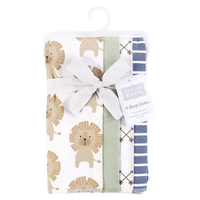 Soft flannel burp cloths by Hudson Baby, featuring modern lion designs and a blue striped pattern, tied with a ribbon.