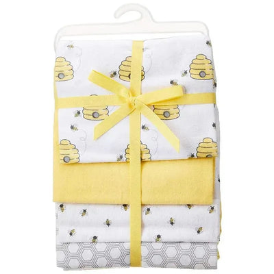 Four flannel receiving blankets in a bee and honeycomb design, tied with a yellow ribbon.