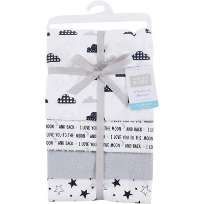 Four Hudson Baby flannel receiving blankets featuring cloud, star, and text designs, tied with a ribbon for easy gifting.