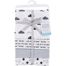 Four Hudson Baby flannel receiving blankets featuring cloud, star, and text designs, tied with a ribbon for easy gifting.
