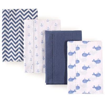 Set of four unisex cotton flannel burp cloths featuring whale, anchor, and chevron patterns in blue and white.