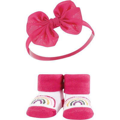 Chiffon bow headband in pink with matching pink and white socks featuring a rainbow design.