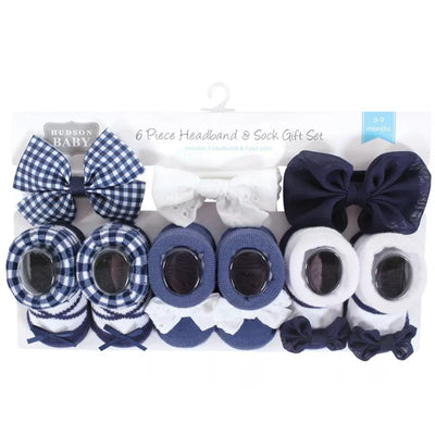Navy gingham headband and sock set for babies, includes three headbands and one pair of socks, designed for 0-9 months.
