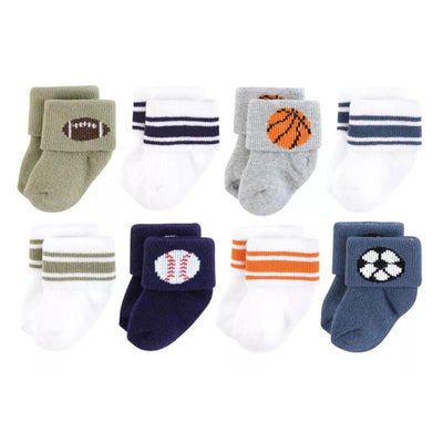 Cotton-rich socks for infants featuring sports-themed designs: football, basketball, baseball, and soccer, in a variety of colors.