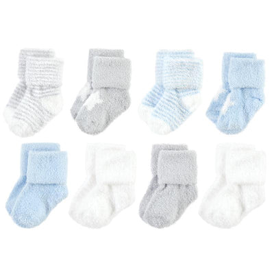 Unisex cotton-rich newborn socks in blue and gray colors, featuring a mix of solid and striped designs, soft terry fabric.
