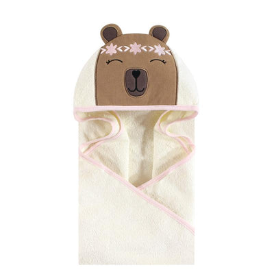 Baby Vision Animal Hooded Towel in yellow with a bear face hood design and pink trim, ideal for drying and keeping babies warm.