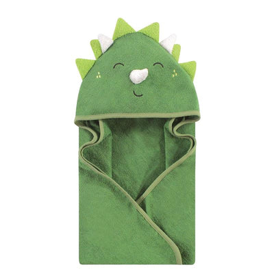 Hooded towel designed for babies, featuring a green dinosaur motif with a friendly face and spike details on the hood.