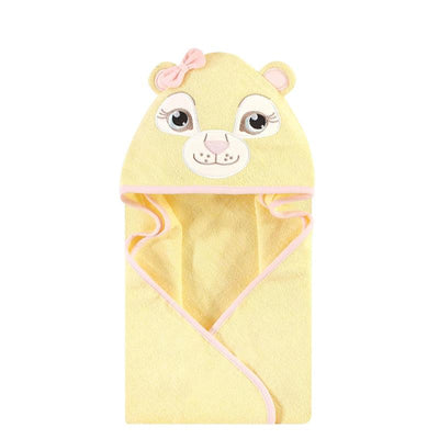 Hooded bath towel designed for babies, featuring a lion face with a pink bow and soft yellow fabric.