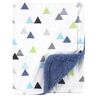 Abstract-patterned baby blanket featuring colorful triangles on one side and soft Sherpa backing in blue.