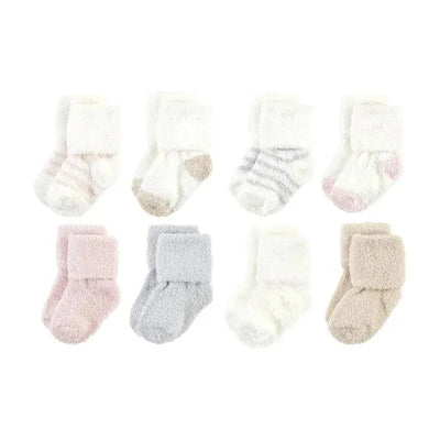 Soft chenille socks in pink, neutral, and pastel shades. Set of eight pairs with varied designs, including stripes and solid colors.