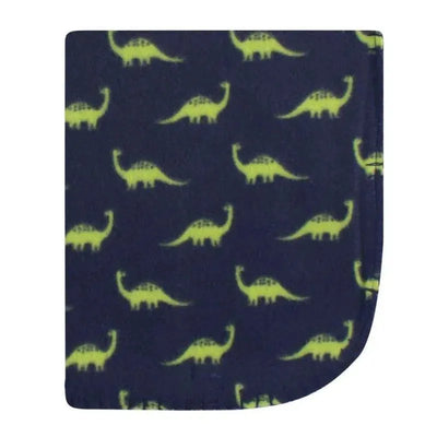Fleece blanket featuring a dinosaur pattern on a navy background, designed for infants.