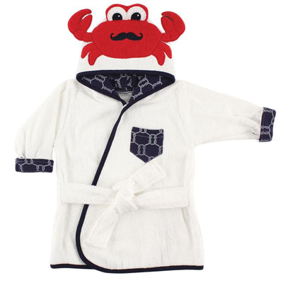 Unisex baby bathrobe featuring a crab-shaped hood, white fabric with navy trim, and a pocket pattern.