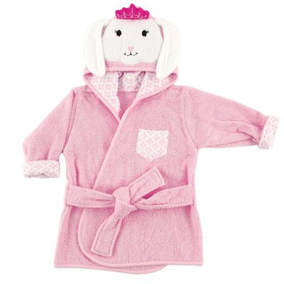 Unisex pink cotton animal face bathrobe for babies, featuring a bunny design and a crown on the hood.