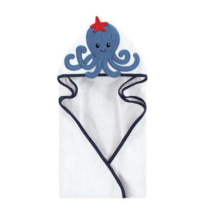 Cotton hooded towel featuring an octopus design with a red star. Ideal for babies after bath time.